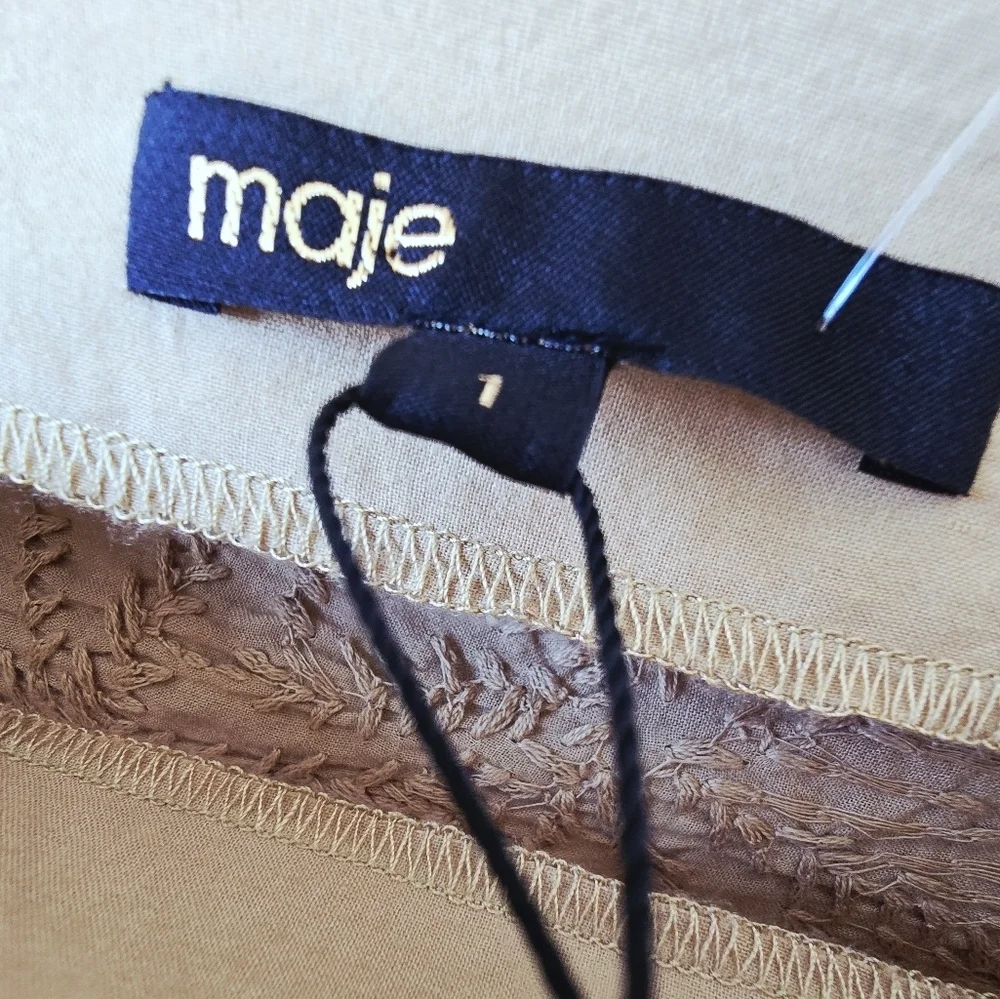 MAJE Lalmeto One Sleeve Tan BROWN Blouse Embroidered Cut Out Zipper Size 1 S - Picture 3 of 16